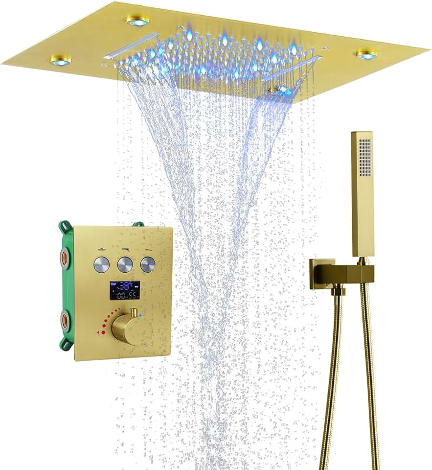 Thermostatic Luxury Rainfall Shower System Fixtures Set 14 X 20 Inch LED Ceiling Rain Shower Head With Hand Shower (Brushed Gold)