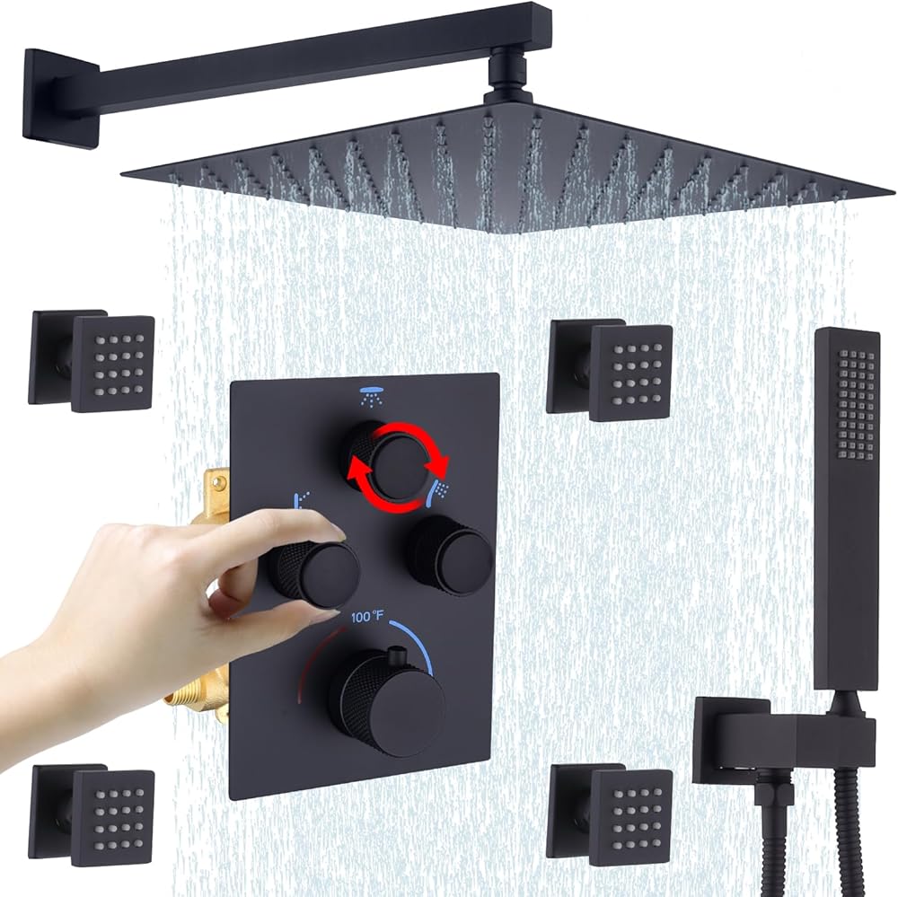 Rain Shower System,12 Inch Wall Mounted Rain Shower Head with Body Jets and Handheld Shower, Push Button Thermostatic Shower Faucet Set, Can Use all Options at a Time, Matte Black