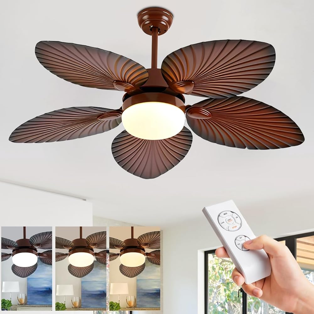 52 Inch Tropical Ceiling Fans with Lights, LED Fan Light with Remote Control, Modern Brown Ceiling Fan with 3 Speed & 3 Lighting & Smart Timing, Palm Leaf Blades for Patio Farmhouse Coastal Bedroom