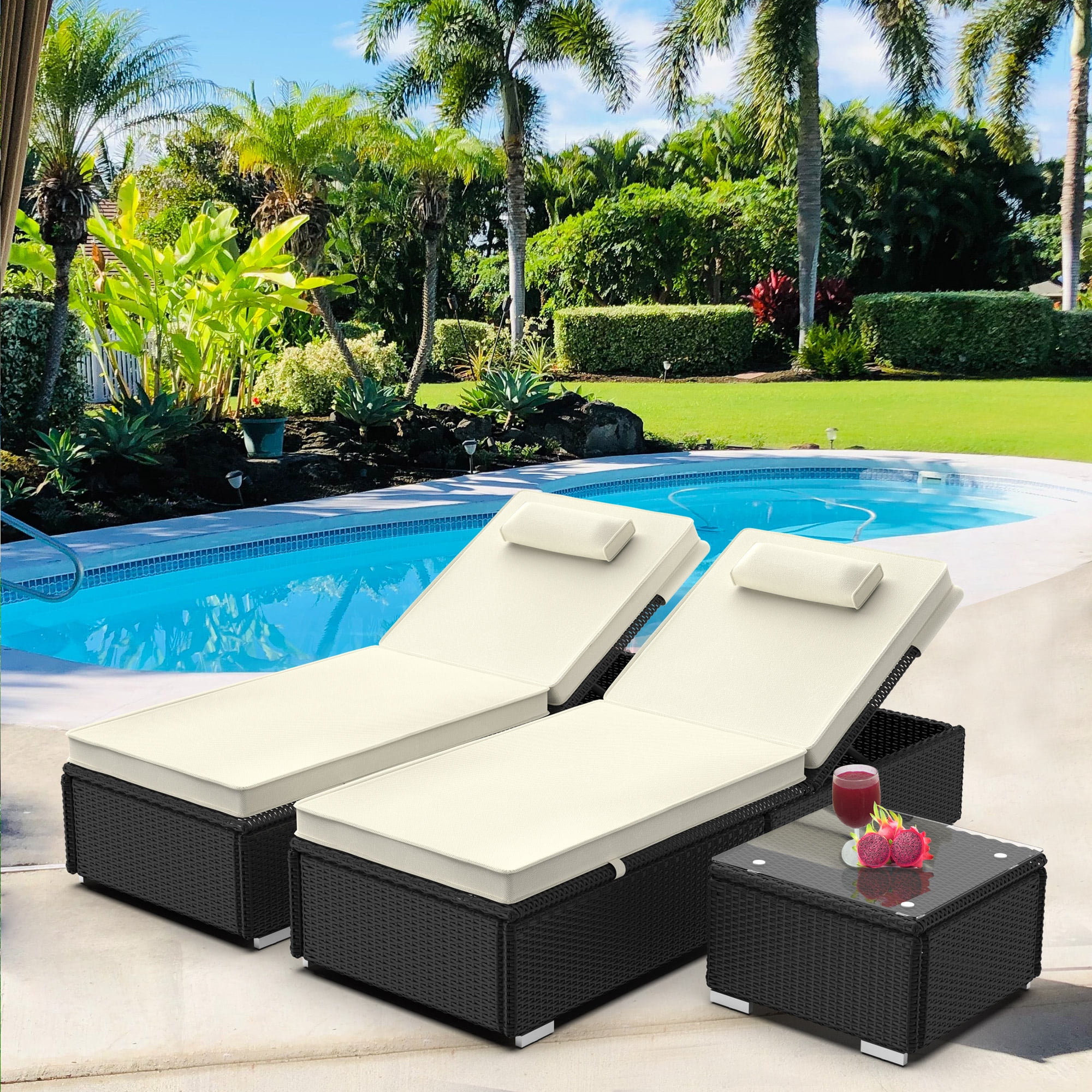Segmart Outdoor Patio Lounge Furniture Set, 3 Pieces Adjustable Wicker Chaise Chairs with 2 Pillows, Poolside Folding Chaise Lounge Set with Cushions and Coffee Table, SS2117