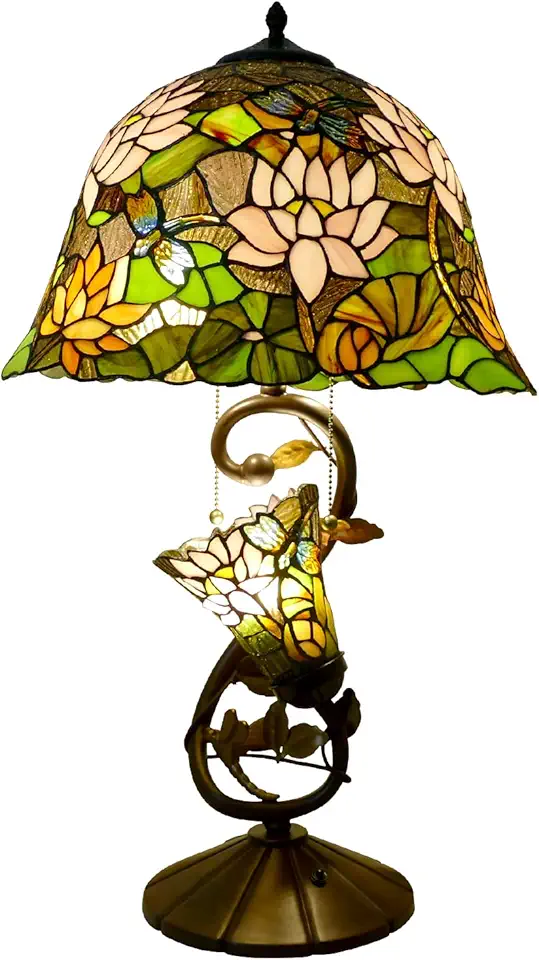 Lotus Flowers Tiffany Style Table Lamp Flowers Table Lamp Metal Leaf Iron Base Handmade Stained Glass Desk Lamp 16 Inch Wide 28 Inch Tall Desk Light for Bedside, Living Room, Office, Study