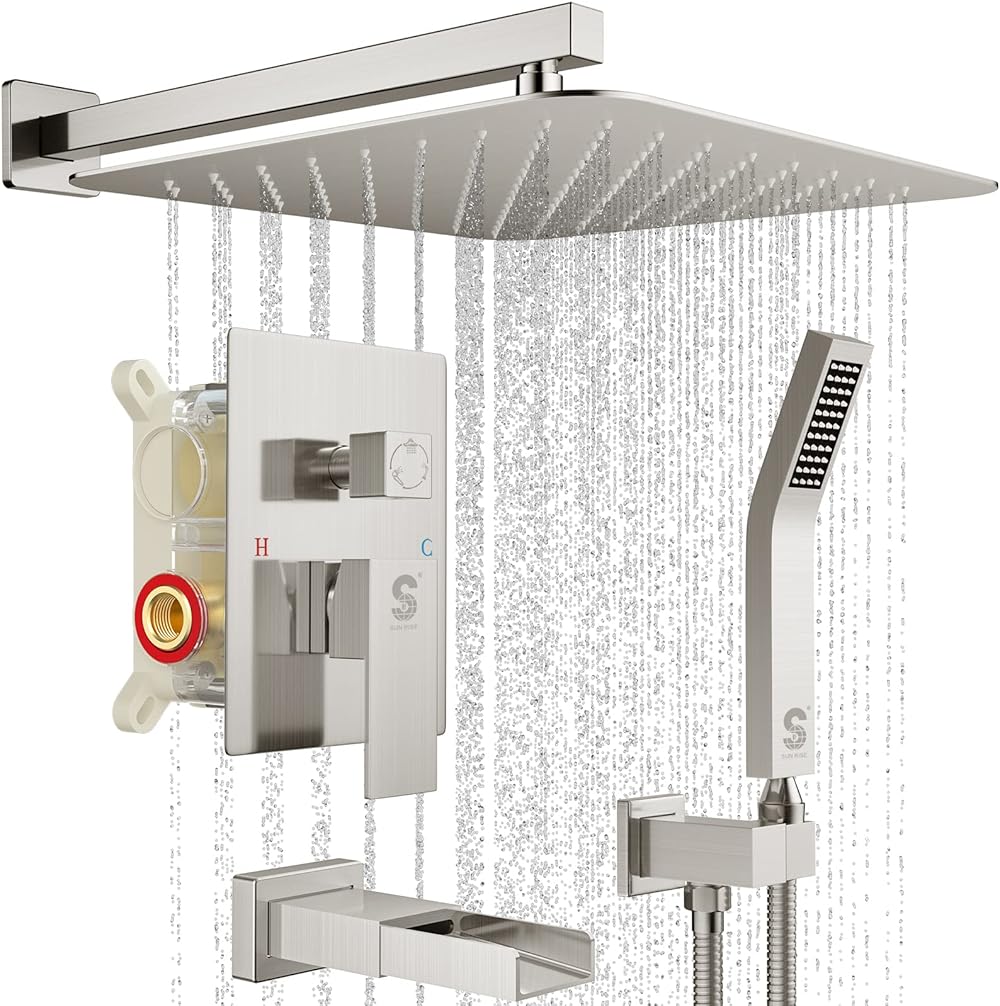 SR SUN RISE 16 Inches Shower System with Tub Spout, All Metal Tub and Shower Faucet Combo Rainfall Shower Head with Handheld Spray Contain Shower Faucet Rough-in Valve Body and Trim, Brushed Nickel