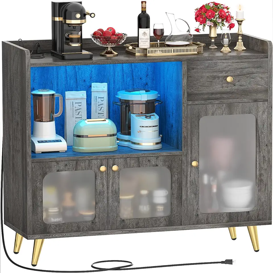 Cyclysio Sideboard Buffet Cabinet with Power Outlet, Kitchen Cabinet with LED Lights, Large Bar Cart Accent Buffet Cabinet with Door for Bedroom, Living Room, Kitchen, Hallway, Grey