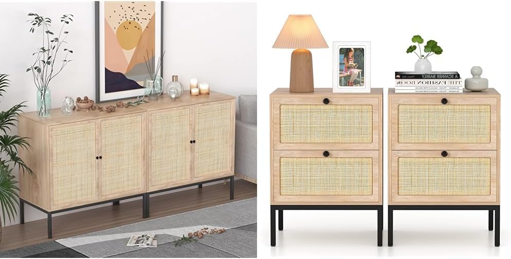 XIAO WEI 2-Piece Rattan Storage Cabinet Set with Handmade Natural Woven Doors and Drawers, Sideboard Buffet Console Table and Bedroom Nightstands