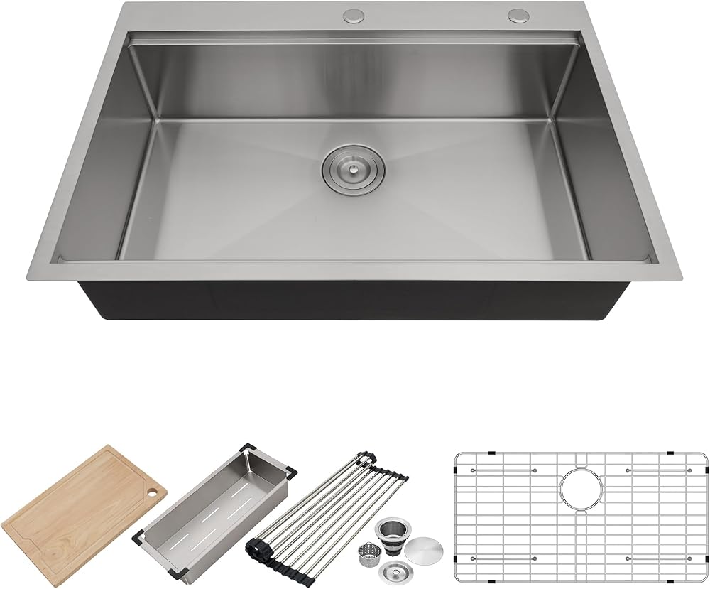 Drop in Kitchen Sink - 33 inch Drop in Kitchen Sinks 16 Gauge Stainless Steel Workstation Topmount Sink 33x22x9 Single Bowl Kitchen Sinks