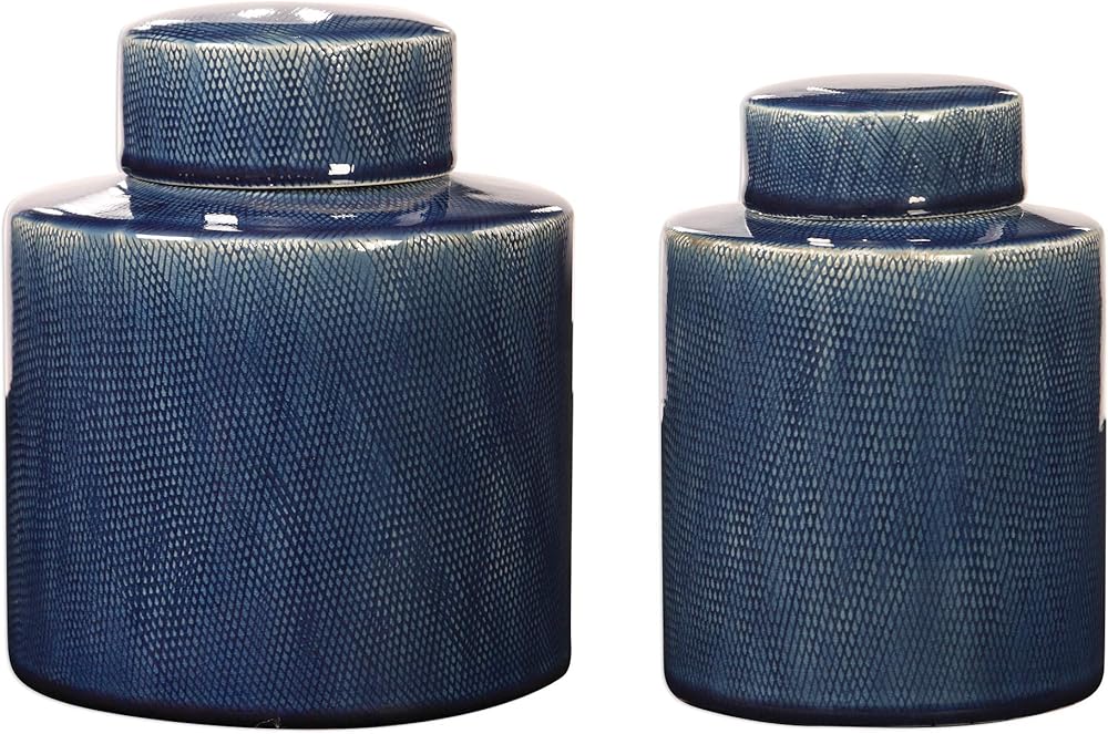 Elegant Sapphire Blue Decorative Jar Set 2 Ceramic Ginger Mid Century Round