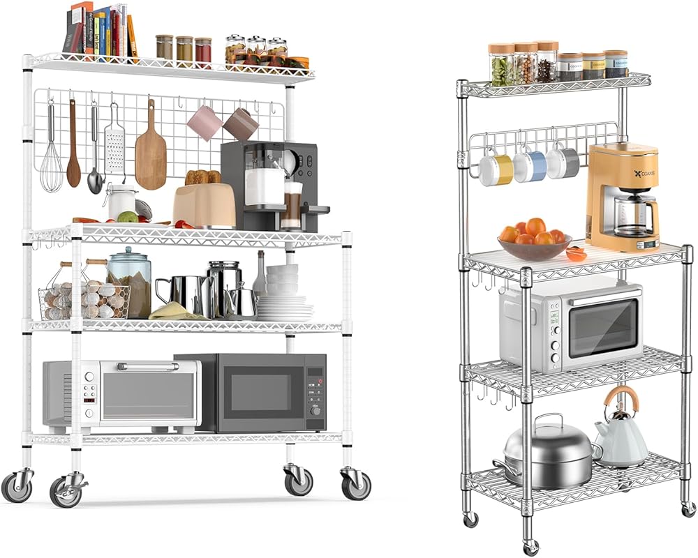 Bakers Rack for Kitchen with Storage, NSF Certified 4-Tier Adjustable Coffee Bar with Wheels Microwave Stand Kitchen Storage Shelf Metal Storage Rack, White & Chrome