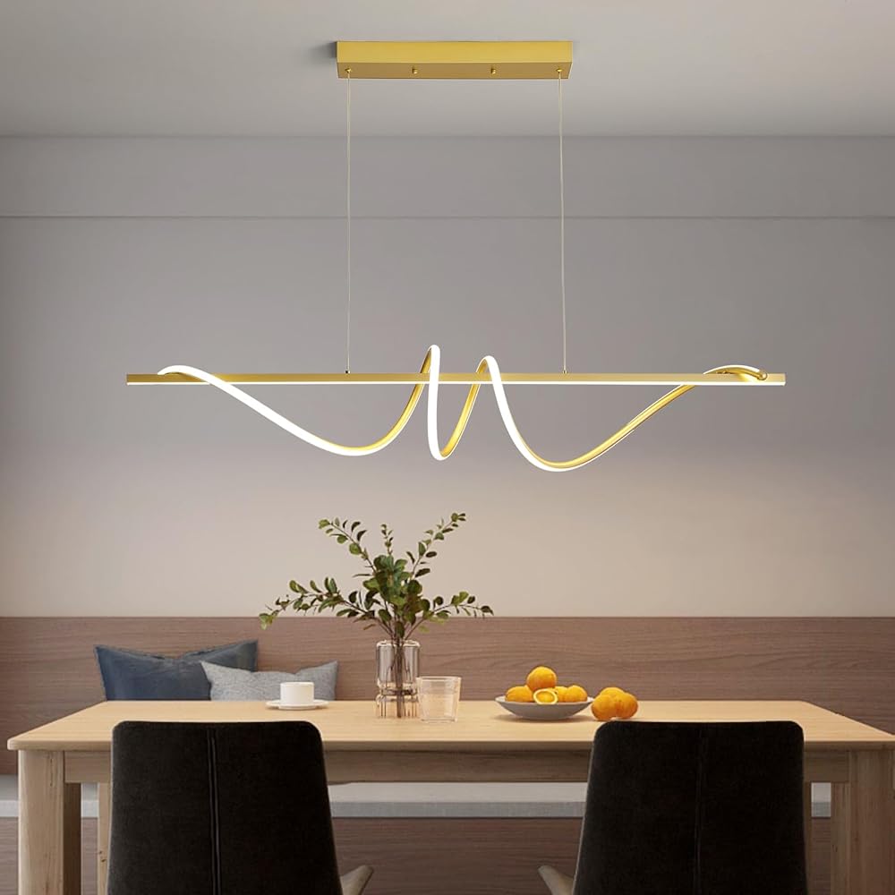 Modern Design Dimmable Desk Linear Pendant Light, with Remote Control Dimmable 3 Color Mode & Brightness Ceiling Lamp, Anti-Flicker Dining Light Fixture for Kitchen, Dining Room (Gold, 47IN)