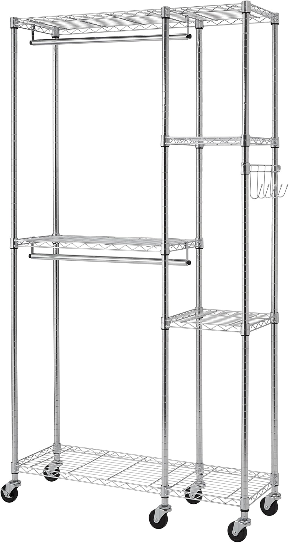 TRINITY EcoStorage Rolling Garment Rack with Shelves Hooks for Clothing Storage for Bedroom, Closet Organization, Entryway, and More, Chrome, 41” W x 14” D x 76” H