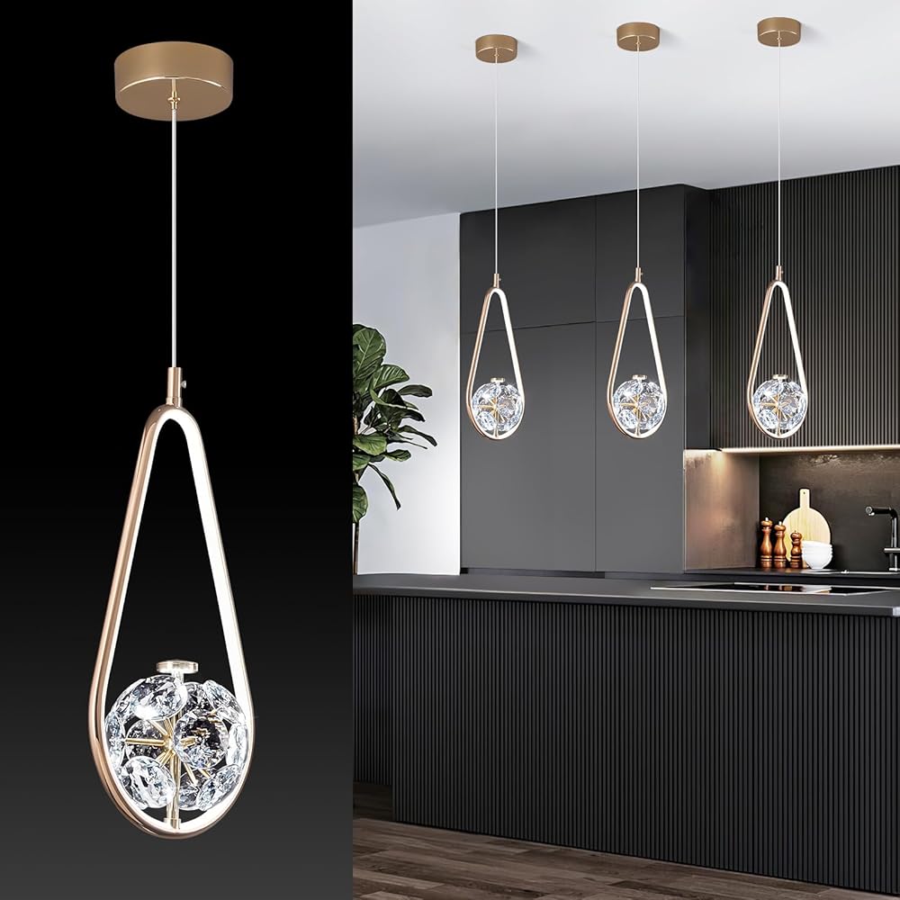 Modern LED Crystal Small Chandelier Gold Firework Pendant Light Hanging Teardrop Ceiling Light Fixture for Kitchen Island Living Room Dining Room Bedroom（3-Pack）