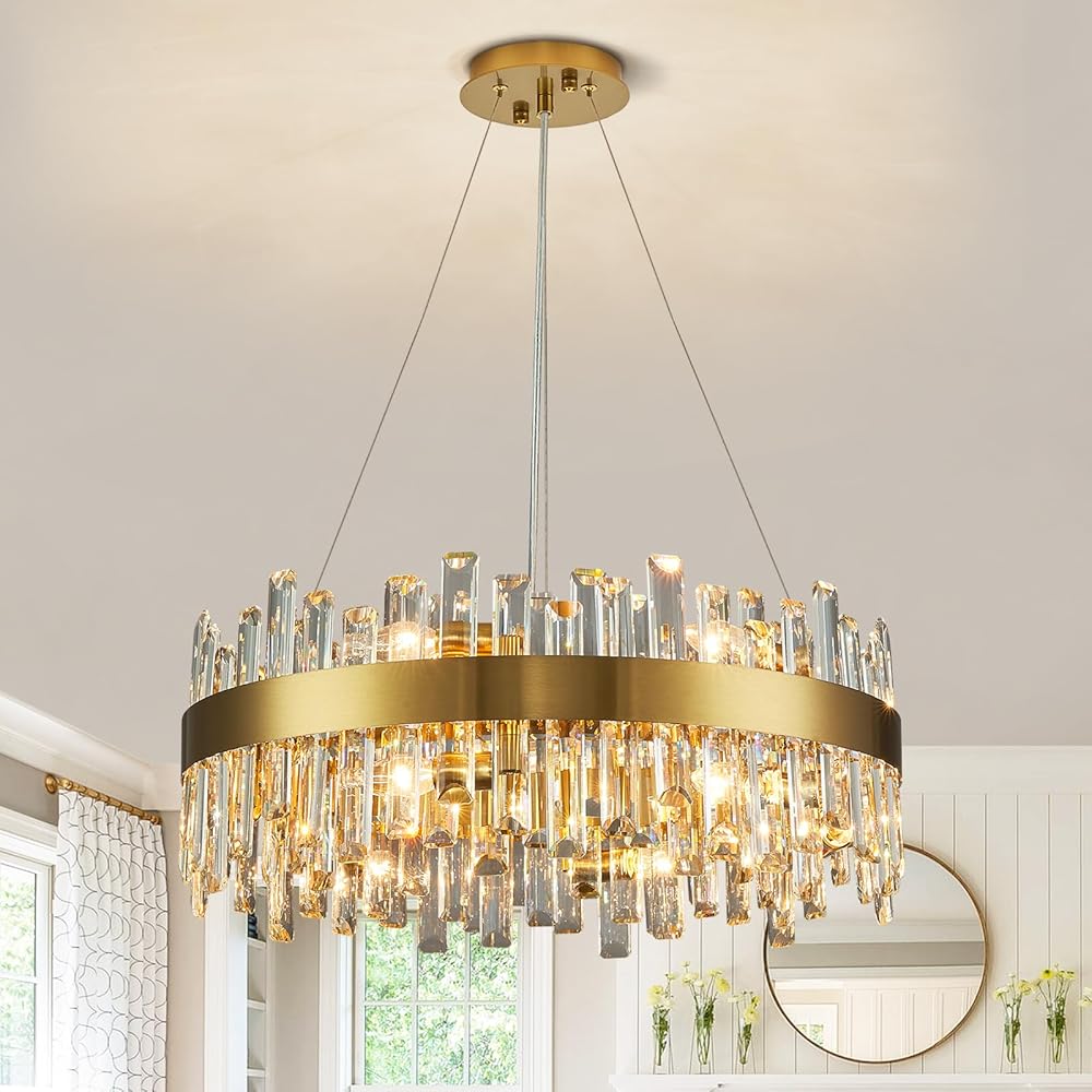 Siljoy Modern Crystal Chandelier, 12-Light Brass Gold Round Crystal Raindrop Chandelier Lighting, Contemporary Flush Mount Pendant Ceiling Light for Dining Living Room Kitchen Island Entryway D23.6''