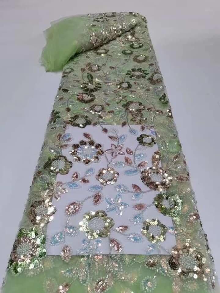 MARHAFABRIC 5 Yards African Latest Luxury Beaded Lace Fabric Swiss Handmade Sequins Nigerian for Woman Bride Wedding Dress Sewinging Lace Fabric for Bridal Wedding Prom Evening Dress