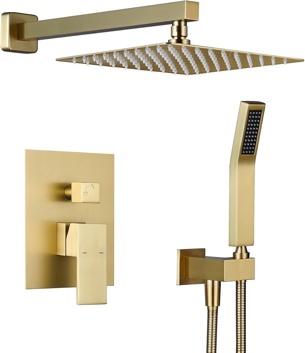 Shower System 10 Inches Rain Shower Combo Set Brushed Gold Wall Mount Faucet Bathroom Faucets with Rainfall Shower Head and Hand Shower
