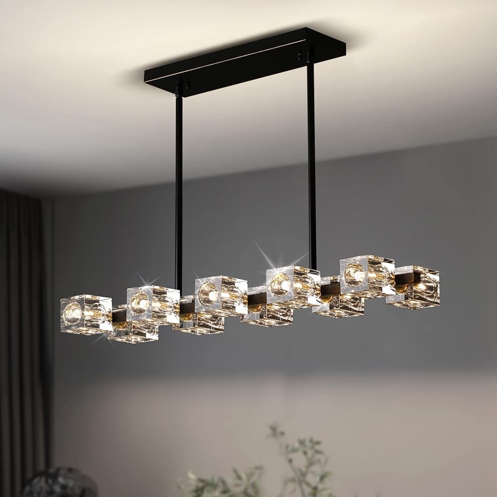 Dining Room Light Fixture,Modern Crystal Chandeleirs Semi Flush Mount Ceiling Light Fixture,Black Metal Crystal Pendant Light for Kitchen Island Farmhouse Dining Room,Living Room (10-Lights)…