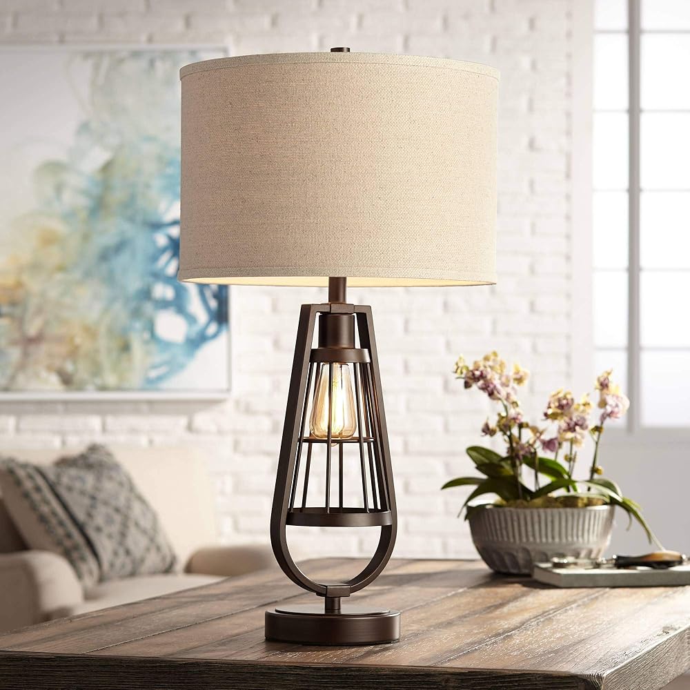 Franklin Iron Works Topher Rustic Industrial Table Lamp with Nightlight LED Edison 27.75