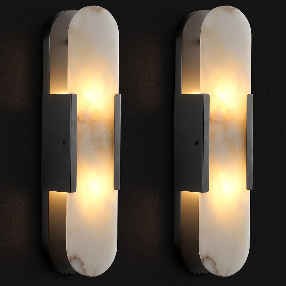 Wall Sconces Set of Two,19.7'' Alabaster Wall Sconce,Black Bedside Wall Lamp for Bathroom,Indoor Wall Lights Vanity Light Fixtures Perfect for Hallway, Living Room (Including Bulb)