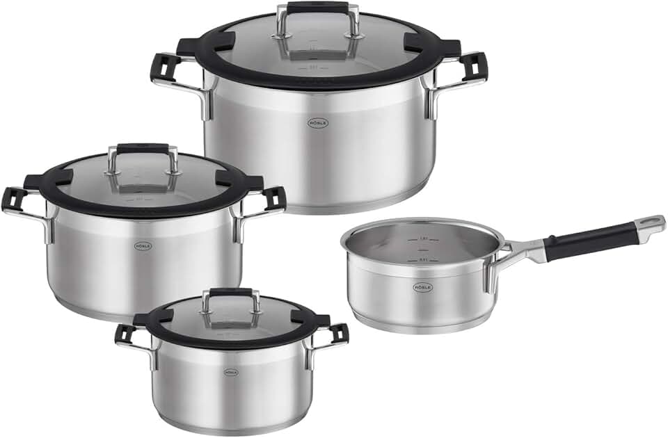 RÖSLE Silence Pro 4-Piece Cookware Set – Set of 3 Pots and 1 Saucepan 18/10 Stainless Steel – Internal Graduation, Suitable for Induction, Dishwasher Safe