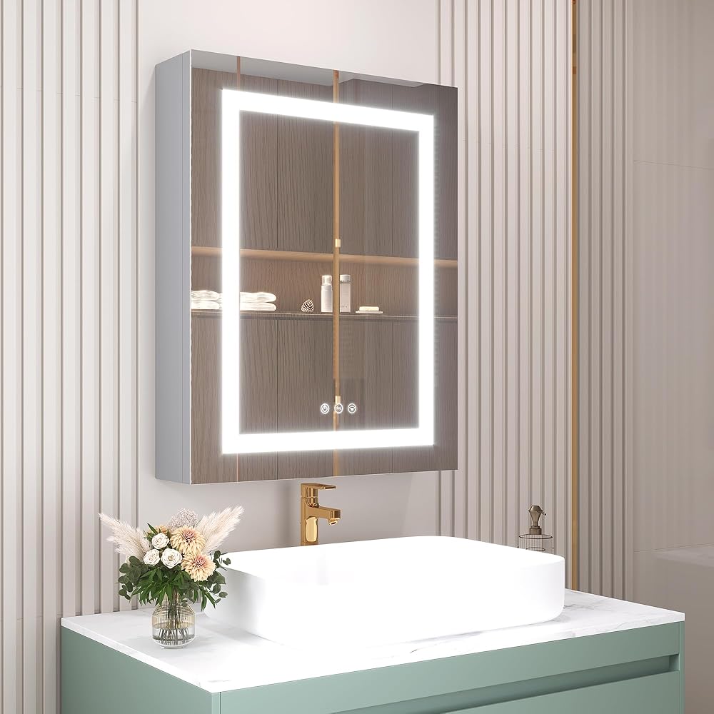 20 X 26 inch Bathroom Medicine Cabinet with Mirror Recessed or Surface Mount LED Bathroom Mirror Cabinet with Lights 3 Color Light Touch Switch(Right Door)