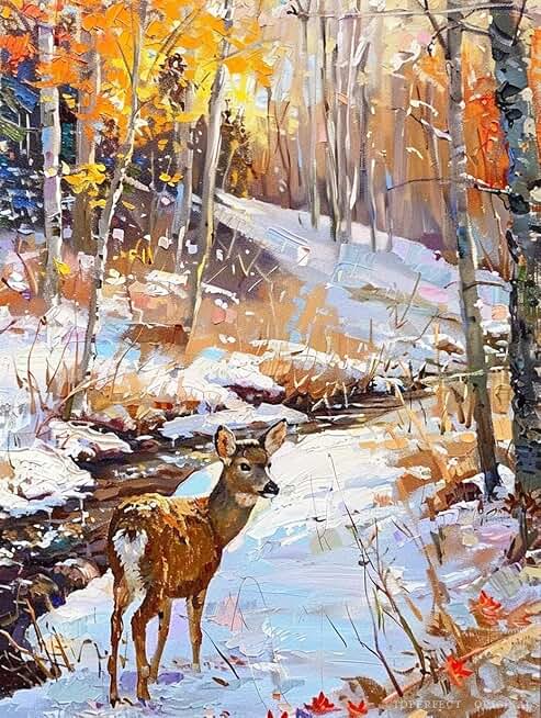 Relaxing Early Winter Room Decor | 23 Vertical Landscape Paintings | Fawn Deer Wall Art | Golden Leaves | Deep Snow | Snowy Forest Stream, Wonderland | Handmade Forest Artworks by College Teachers