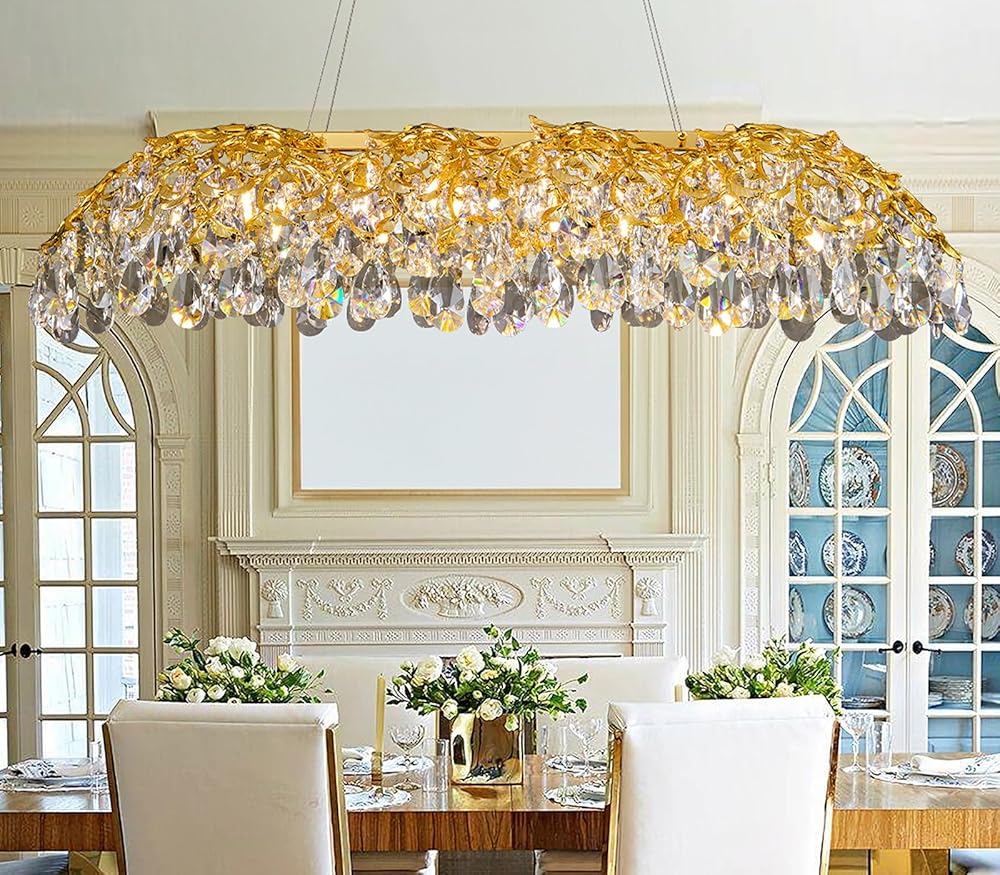 Gold Crystal Chandelier, 51'' Modern Chandeliers Tree Branch Chandelier Large Rectangular Kitchen Island Hanging Light Fixture for Dining Room, High Ceiling, Foyer