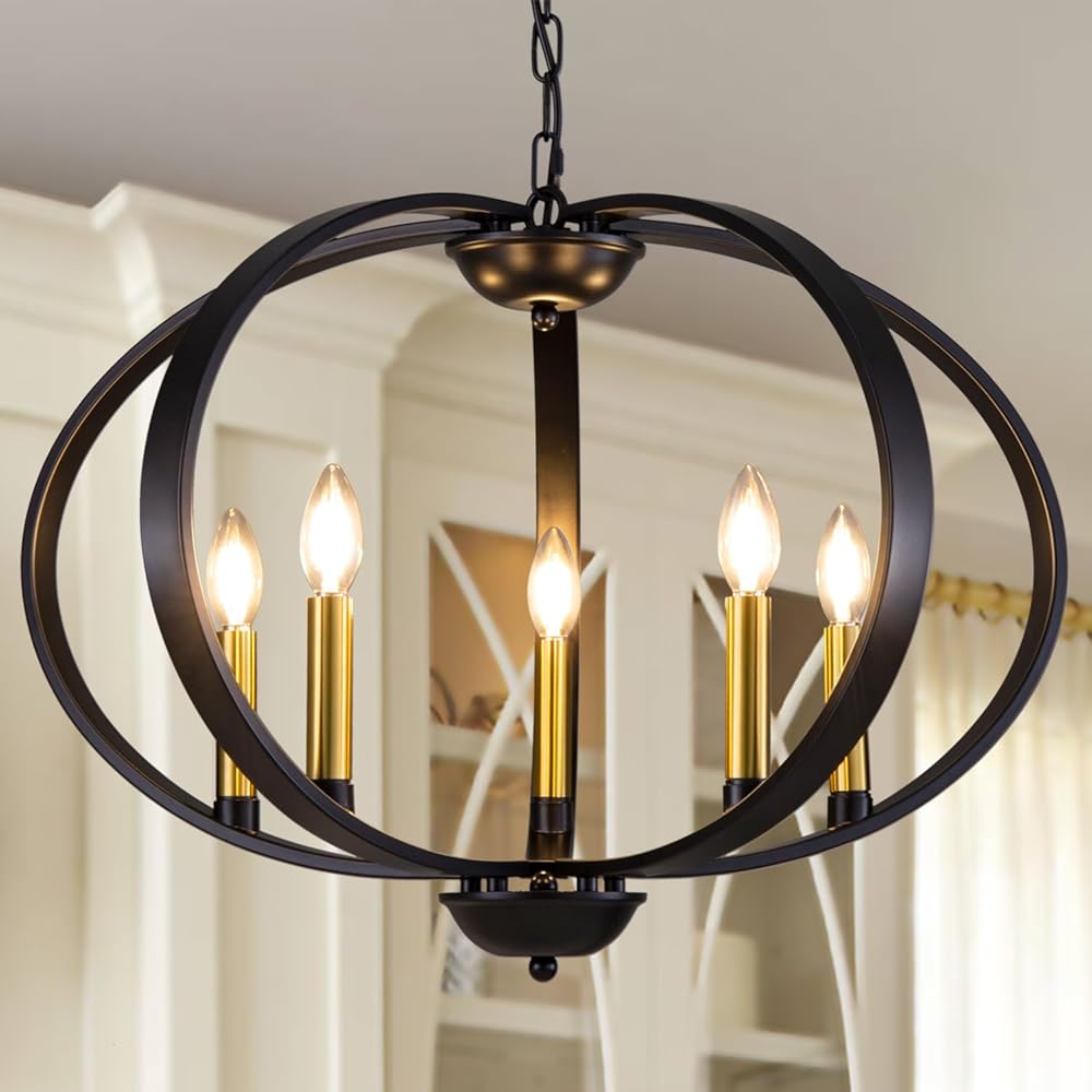 Black Gold Chandelier, 5-Light Modern Chandelier, 27'' Dia Black Pendant Light for Dining Room, Living Room, Foyer, Entryway, Bedroom, Corridor, Hallway, Cabin
