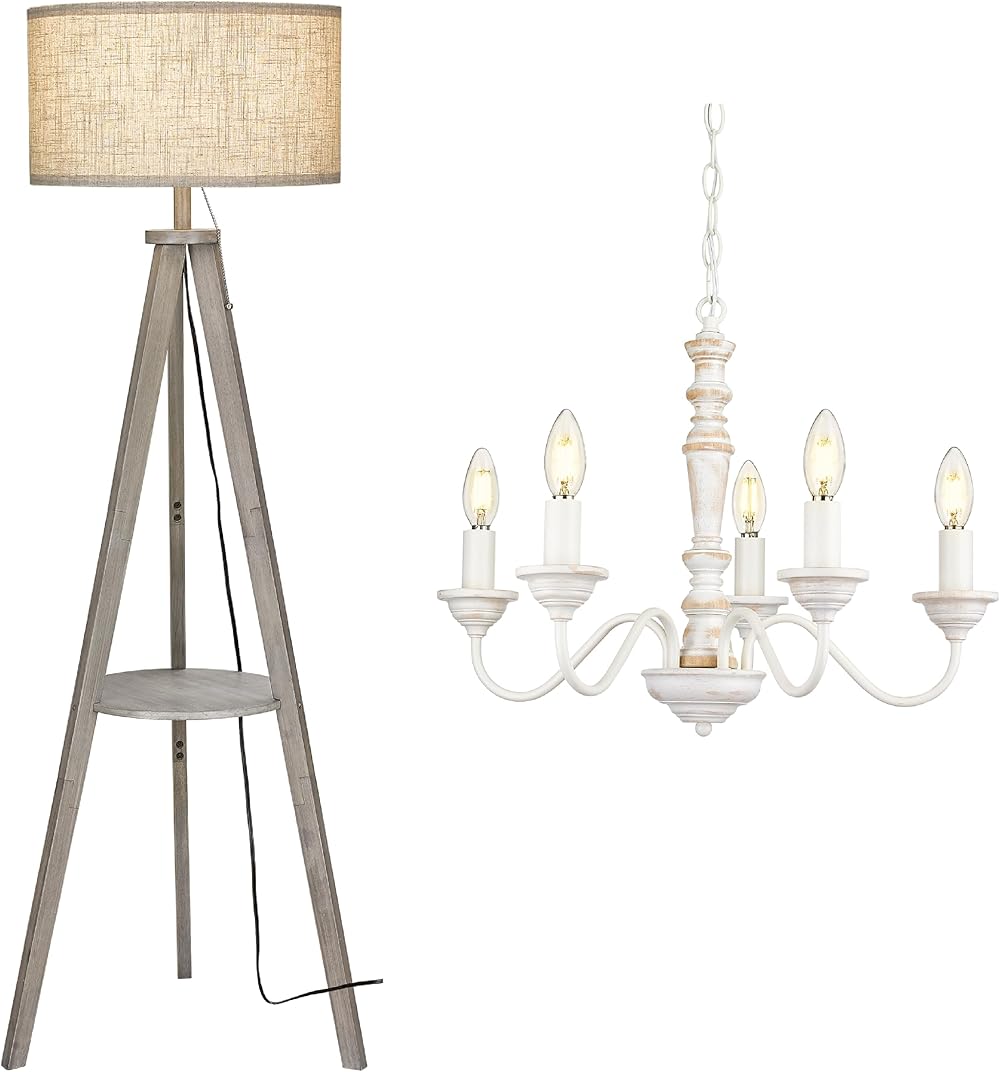ELYONA Tripod Floor Lamp with Table - Farmhouse Shelf Tall Reading Standing Light with Drum Shade & 5-Light Rustic Candle Pendant Light Fixtures for Bedroom, Office, Study Room, 9W LED Bulb Included