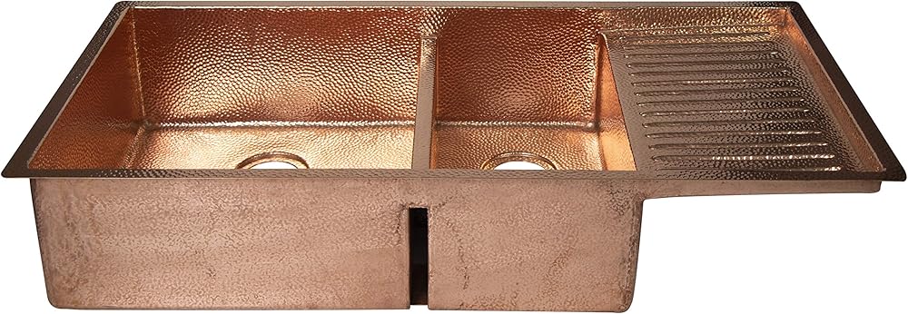 Copper Kitchen Sink, Drop-in Double Well 60/40 Hammered Copper, Shiny Finish and Wringer on Right Side, 42