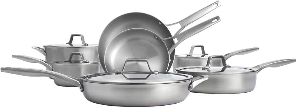 Calphalon Premier Stainless steel superior even heating. 3 Ply metal construction, Ergonomic Handles stay cool. Oven, Gas, Electric, Glass top, and Induction safe.