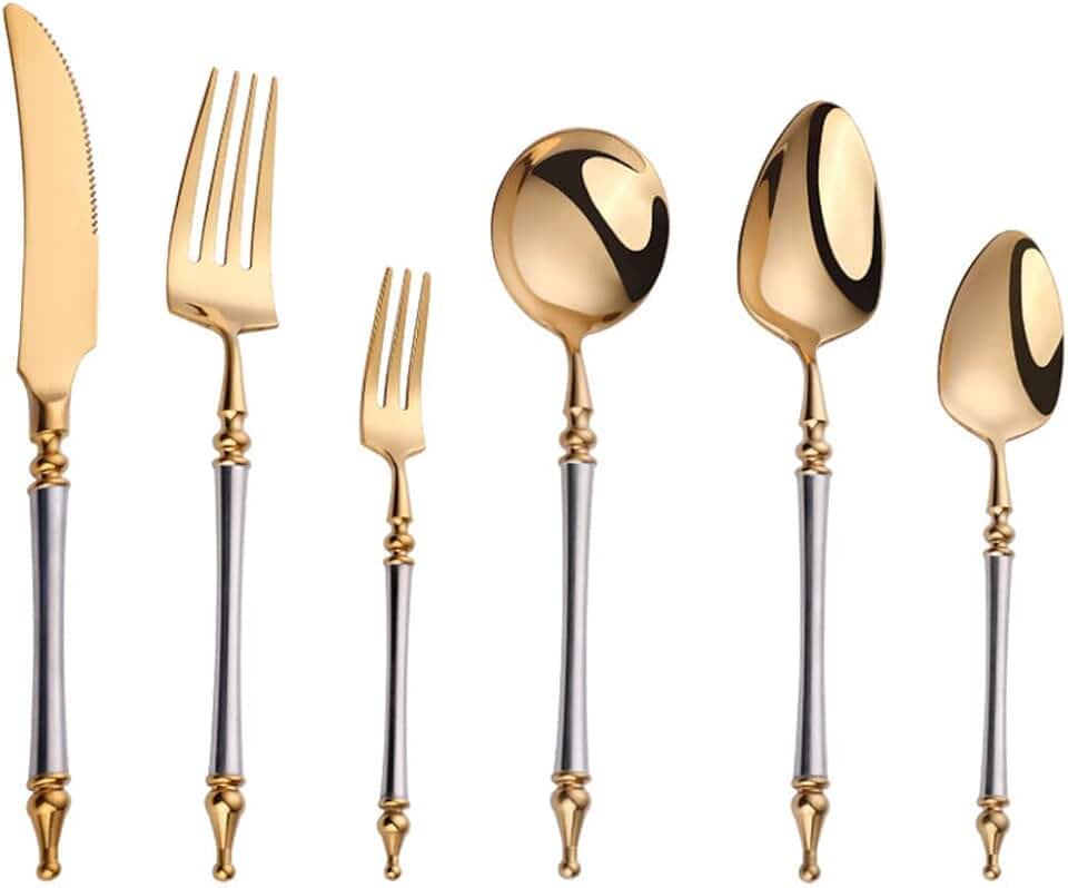 Silverware Set Flatware for 8 Stainless Steel 48-piece Utensils Gold Tableware European Roman Column Luxury Fork and Knife Hotel Wedding Household Mirror Polished