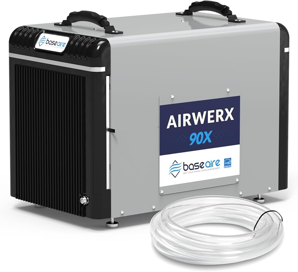 BaseAire AirWerx90X Energy Star Dehumidifier for Crawl Space Basement, 198 Pints Commercial Dehumidifier with Pump, 5 Years Warranty, Intelligent Humidity Control, Auto Shut off/Restart