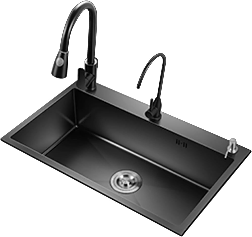 Drop in Workstation Black Kitchen Sink, Nano Stainless Steel Topmount Single Bowl Workstation Kitchen Sink with Accessories (Color : Black, Size : 60 * 45cm)