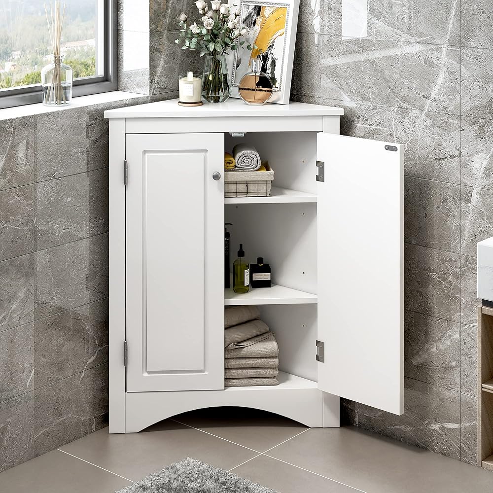 Triangular Bathroom Corner Cabinet with Doors Adjustable Shelves Freestanding Floor Storage Cabinet Furniture for Home Kitchen Bathroom 1 PHO_113E White Rectangular 1 Wood