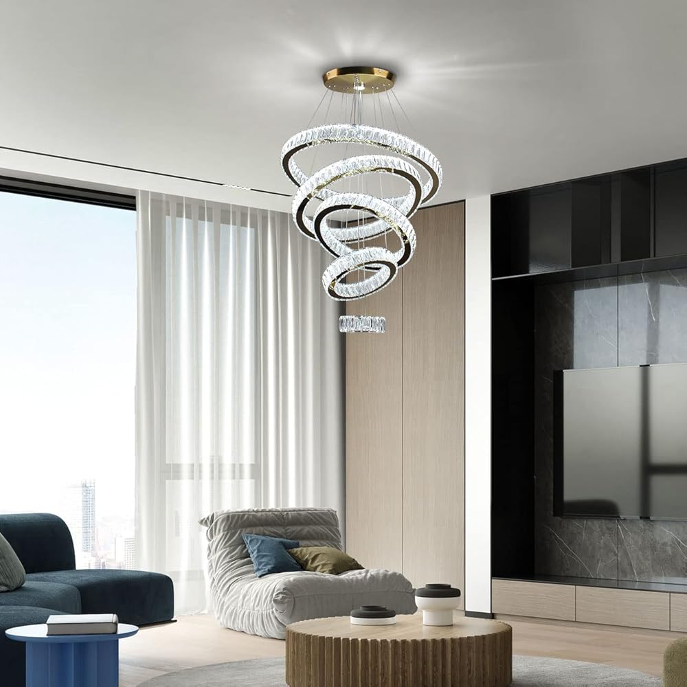 Dixun LED Crystal Chandeliers, Modern 5 Rings Pendant Light Titanium Gold Stainless Steel Height Adjustable Ceiling Light for Bedroom Dinning Room Kitchen (Cool White)