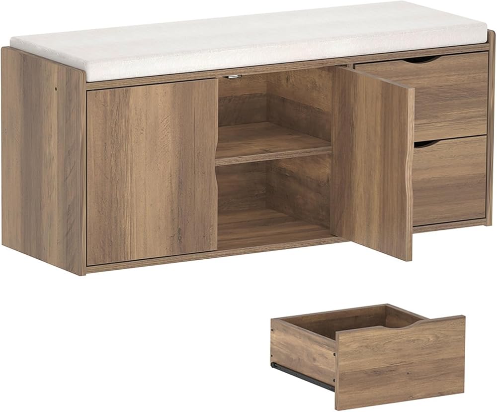 IBF Rustic Shoe Storage Bench, Entryway Bench with Upholstered Cushion Seating, Industrial Wood Shoe Bench with Drawers Cabinet Shelf, Farmhouse Adjustable Shoe Rack Bench for Living Bedroom, 40 inch