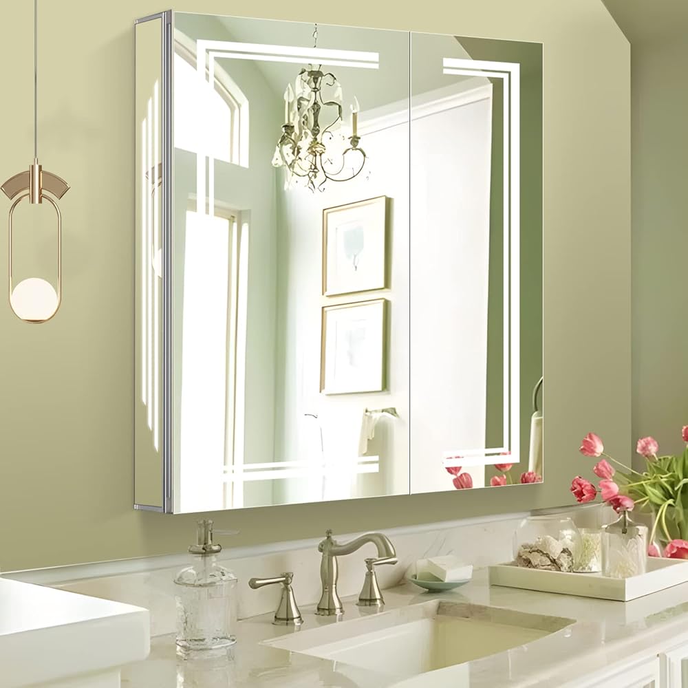 LED Medicine Cabinet,Bathroom Mirror Cabinet with Lights,Aluminum Constrution,Equip with Internal Light,USB Shaver Socket,Back Door Light Strip,30 inch×32 inch,Surface Mount