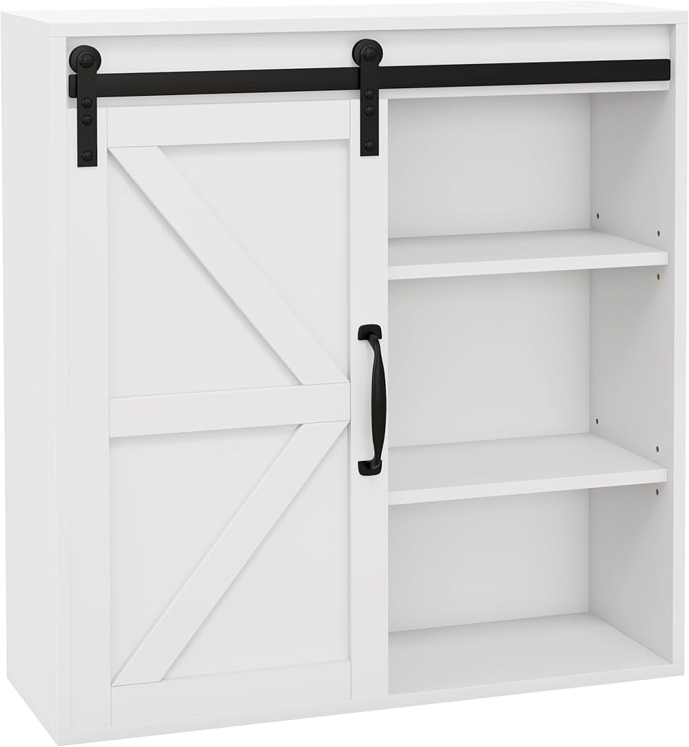 kleankin Farmhouse Bathroom Wall Cabinet, Medicine Cabinet with Sliding Barn Door and Adjustable Shelf, Over The Toilet Cabinet, White