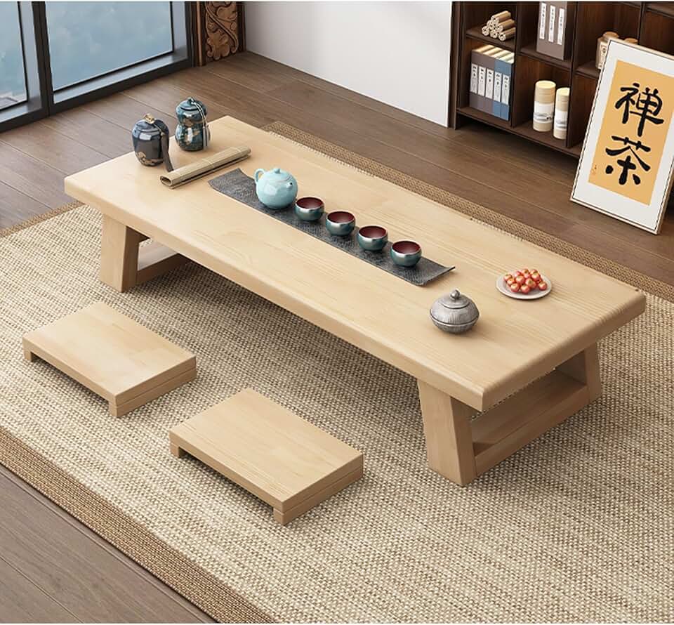 Tatami Tea Table - Wood Bamboo Window Japanese Floor Table For Living Room |Solid Wood Low Table With 4 Stools For Sitting On The Floor|Supports 200kg|Smooth Edges Small Wooden Table(Natural,120*60*35