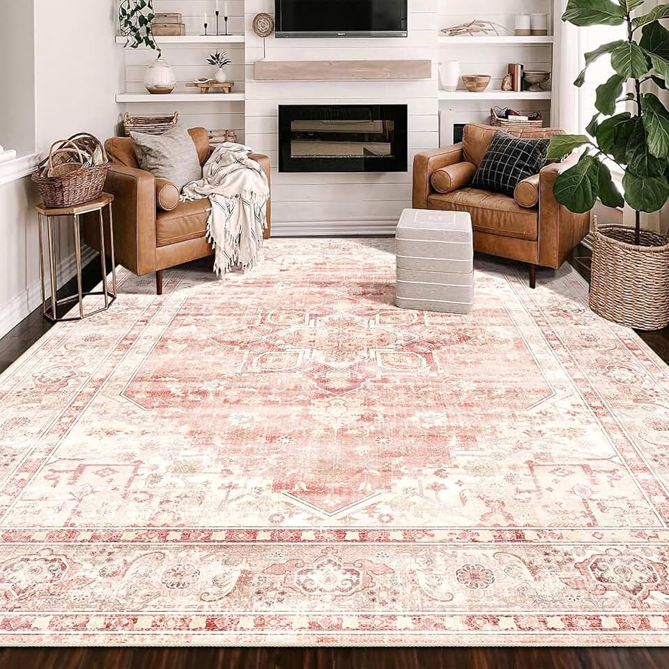 9x12 Area Rug Washable, Pink Large Rugs for Living Room Bedroom Dining Room Office, Soft Floral Vintage Distressed Carpet Non Slip, Boho Rugs for Girls Boys Home Decor