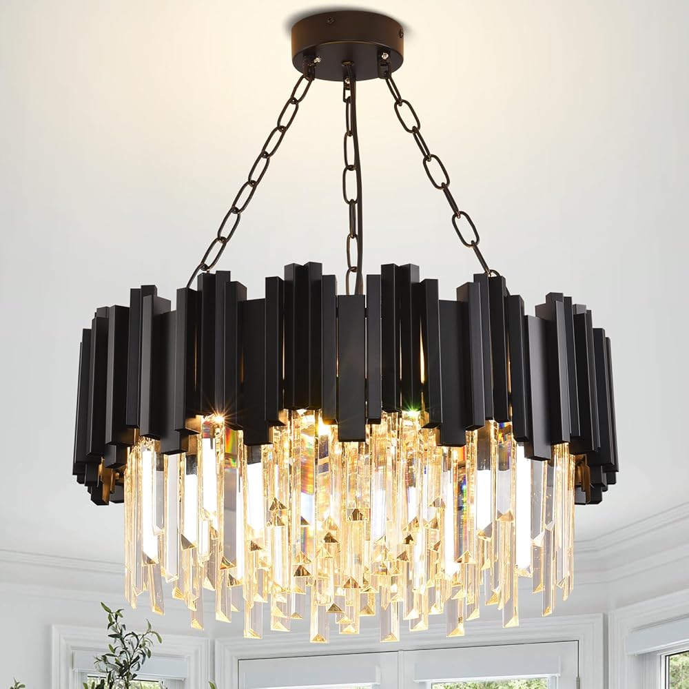 Black Crystal Chandelier Modern Crystal Chandelier for Dining Room Living Room 9-Light Round Contemporary Chandeliers Ceiling Hanging Pendant Light Fixture for Entryway Foyer Bedroom Staircase W22