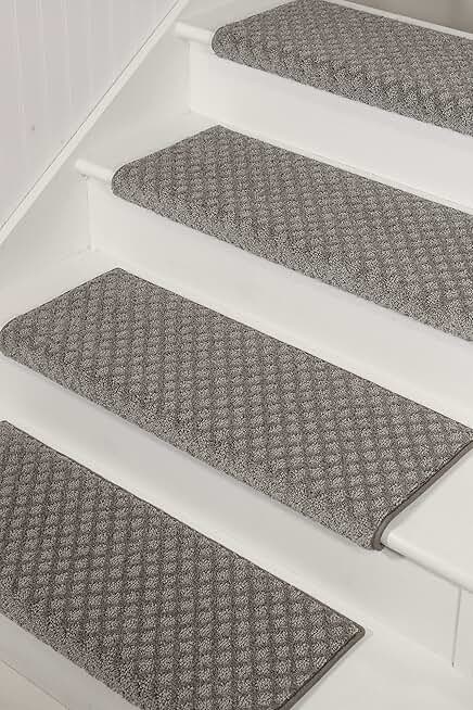 Oak Valley Designs™ Rounded Bullnose Carpet Stair Treads - Anti Slip Indoor Stair Mats for Wooden Steps, Style: Bayside Charm, Grey, 27