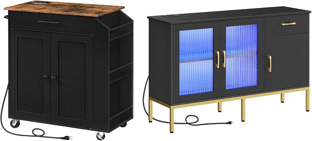 HOOBRO Kitchen Island with Power Outlet and Buffet Cabinet with Power Outlet Bundle, Rolling Kitchen Cart on Wheels, for Home, Kitchen and Dining Room, BF82UZD01G1-BD79UDCB01