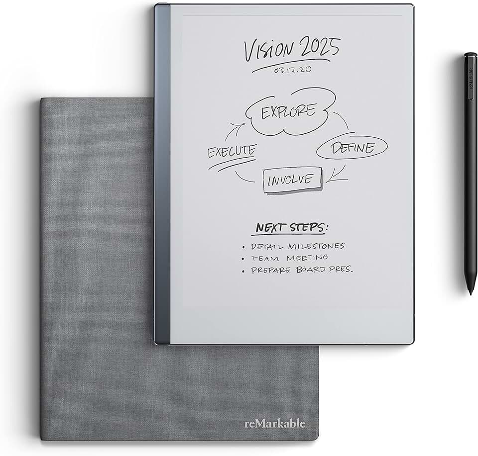 reMarkable Essentials Bundle – Gray | reMarkable 2 Paper Tablet | includes 10.3” reMarkable Tablet, Marker Plus Pen with Eraser, Book Folio Cover in Gray Polymer Weave, and 1-Year Free Connect Trial