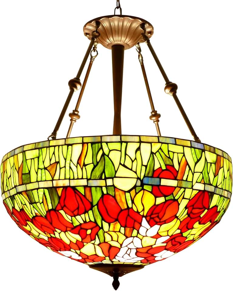 Beautiful Tulips Tiffany Lamp Ceiling Lamp Light Fixtures 19.7 Inch Wide Tiffany Style Ceiling Light Stained Glass Ceiling Light Fixtures Stained Glass Chandelier Tiffany Chandelier