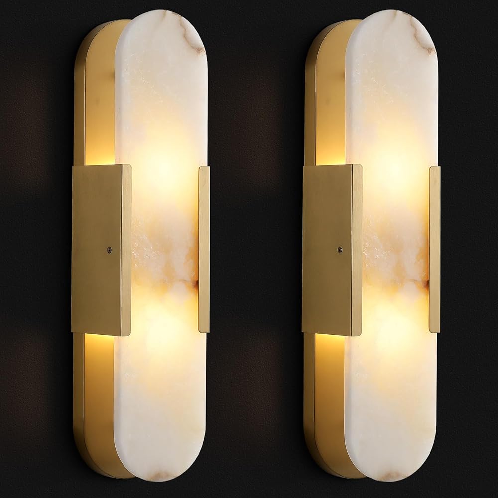 Wall Sconces Set of Two,19.7'' Alabaster Wall Sconce,Brass Bedside Wall Lamp for Bathroom,Indoor Wall Lights Vanity Light Fixtures Perfect for Hallway, Living Room (Including Bulb)