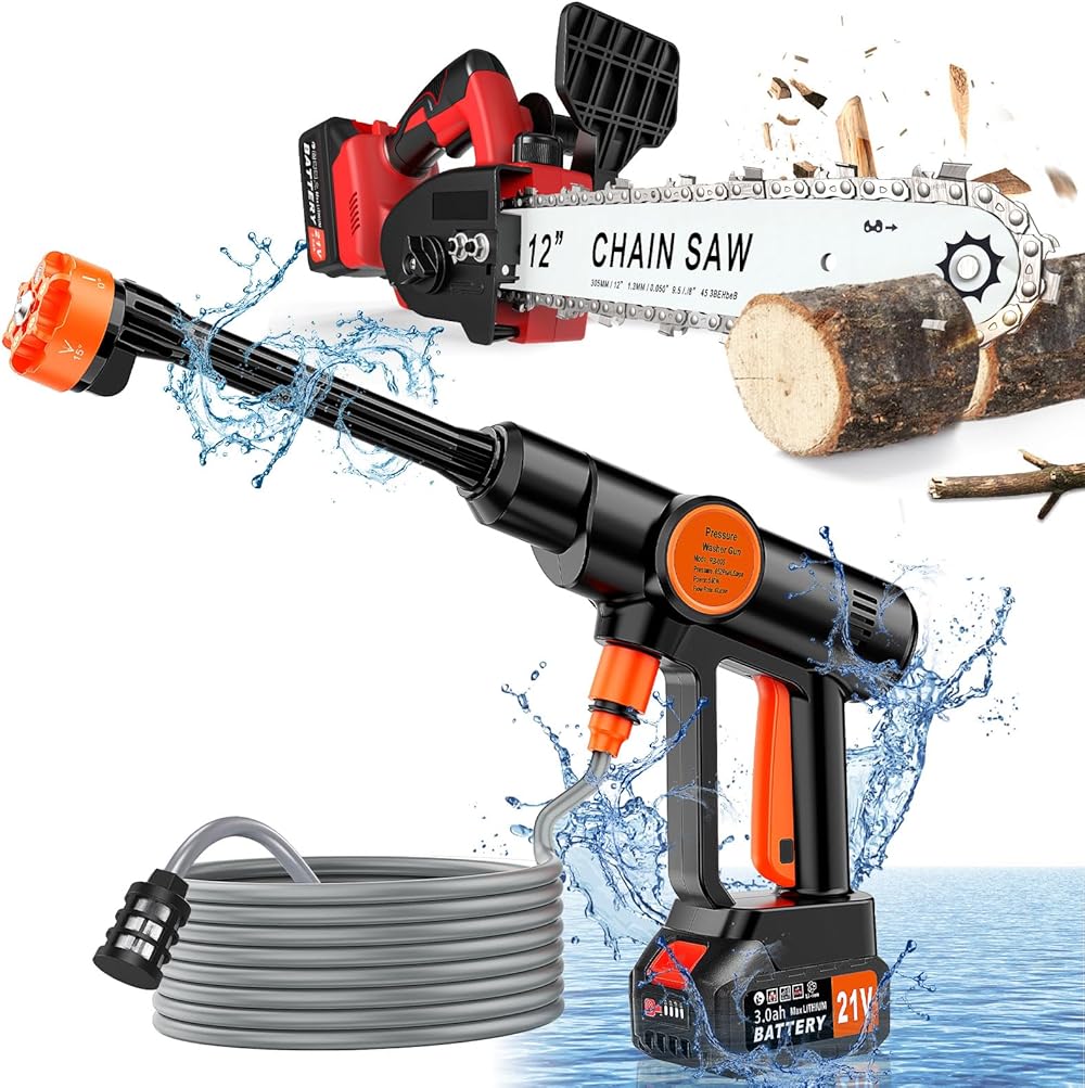 Chainsaw, 12 Inch Battery Powered Chainsaw and Cordless Pressure Washer