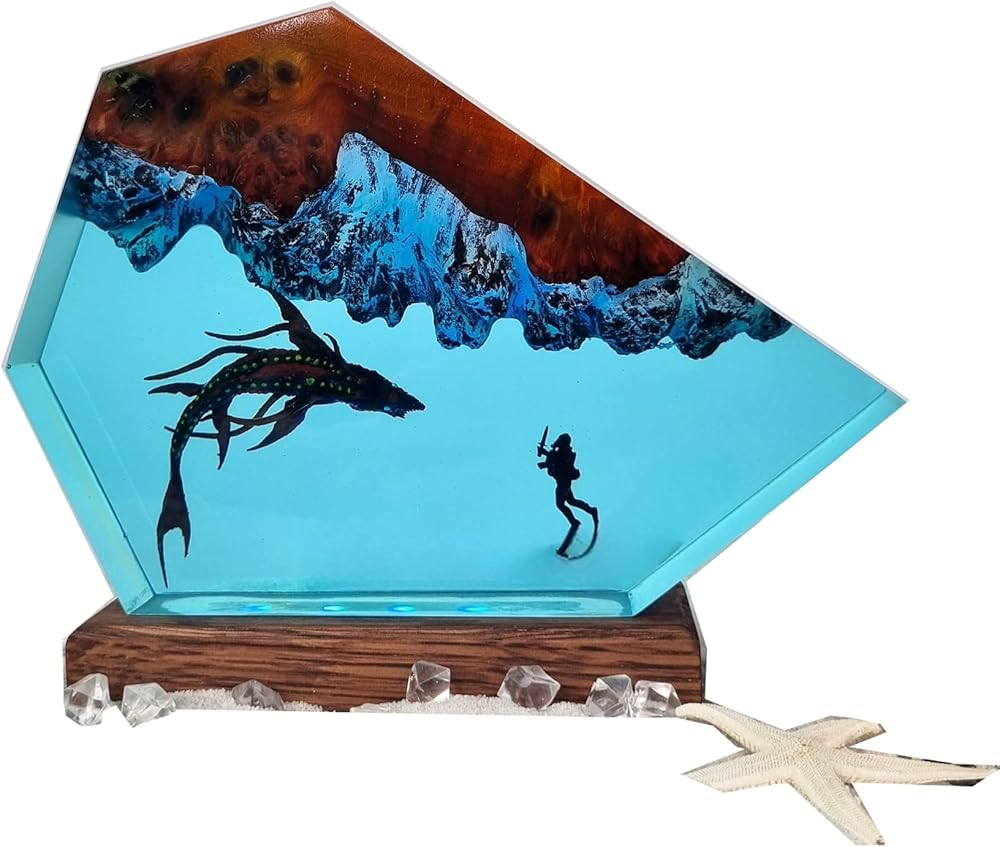 Monster Fish and Deep Sea Divers Night Light, Ocean Diorama, Sea World Lamp Resin, Lamp Art, Avatar 2, Decorations Marine Art Night Light Desk Lamp, Lamp Decoration (7x10 inch)