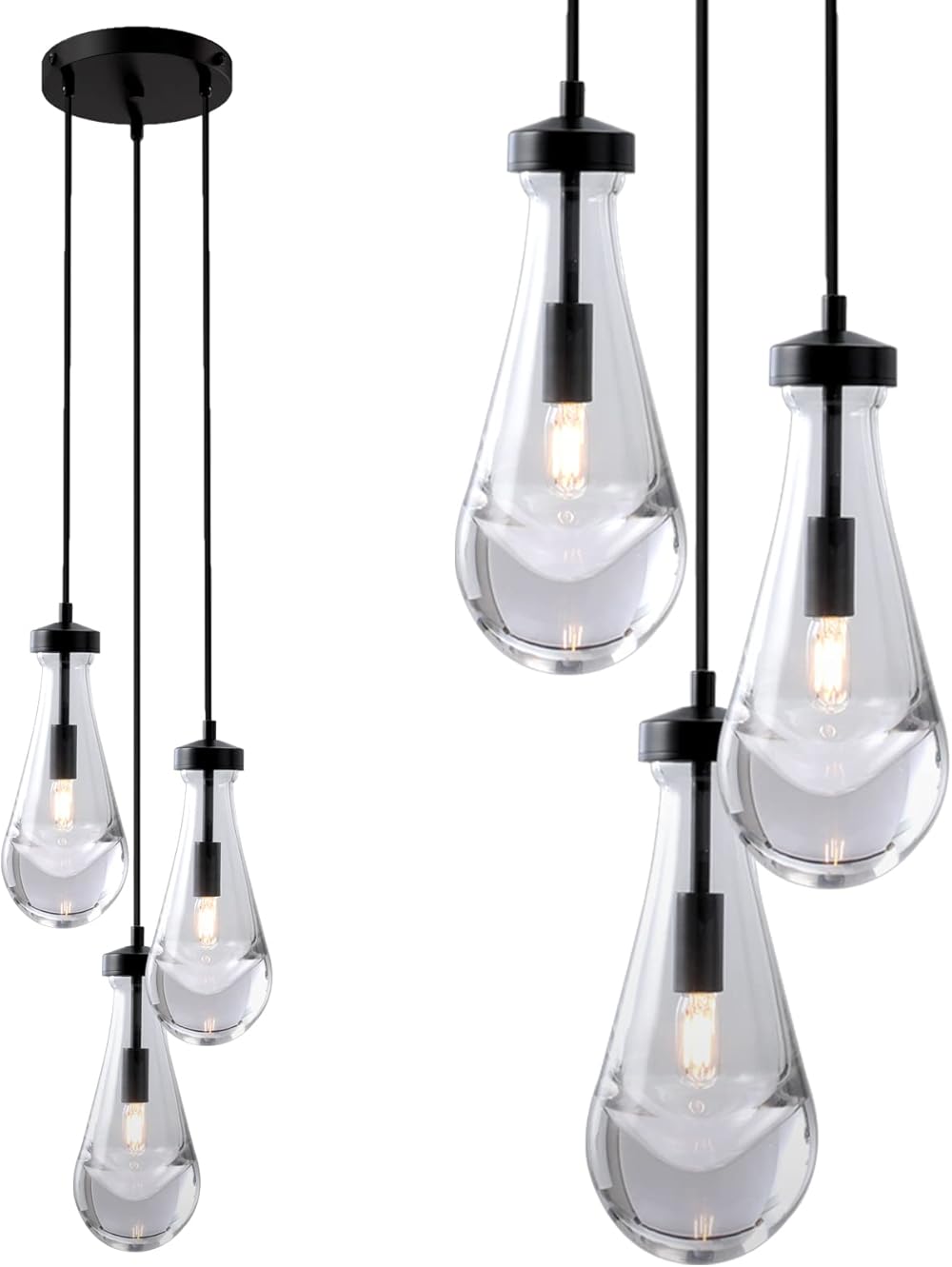 3-Light Raindrop Pendant Light, Black Kitchen Island Hanging Light Fixtures, Modern Art Raindrop Clear Solid Glass Chandelier for Dining Room for Porch, Corridor, Living Room