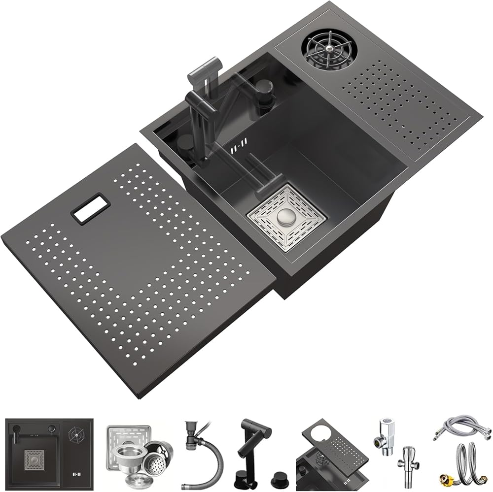 Bar Sink，Black Stainless Steel Kitchen Sink Concealed，Center Island/Single Apartment/Small House/Western Kitchen Countertop Sinks，With Press Cup Washer （21.6 x 17.7 inch）