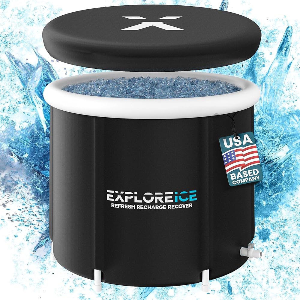 Explore Ice Bath Pro Max Extra Large Outdoor Inflatable Portable Athlete Cold Water Therapy Plunge Barrel Bath Tub with Lid and Carry Bag, Black/White
