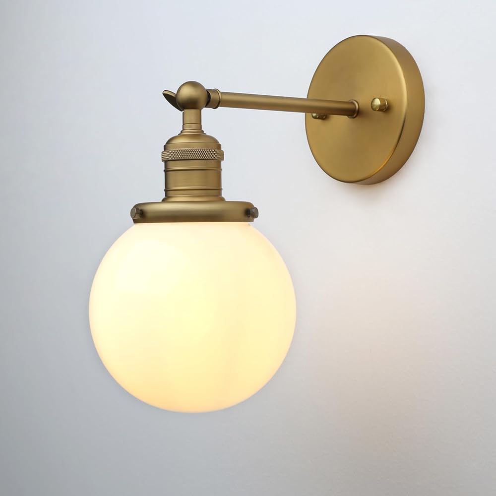 Industrial Vintage Wall Sconce Lighting, Milky White Glass Globe Shade Antique Brass Wall Light, Indoor Up and Down Wall Mounted Lamp for Bedroom Kitchen Bathroom